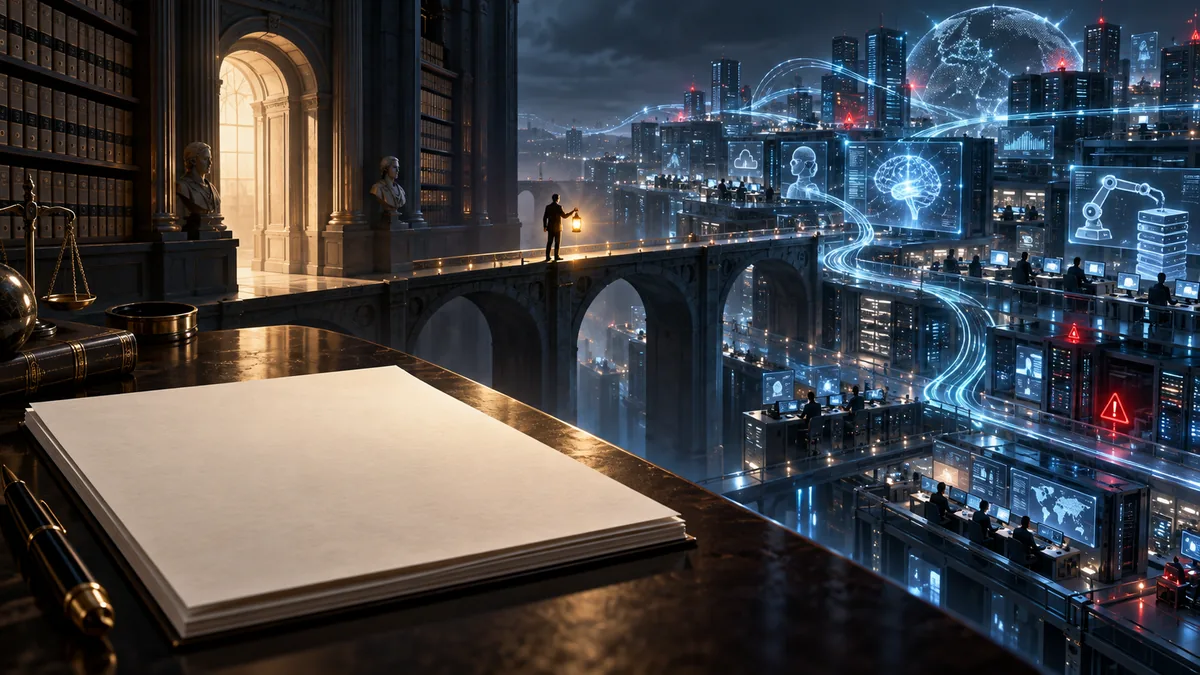 An AI system operates across a governance boundary with human oversight and security controls in view.