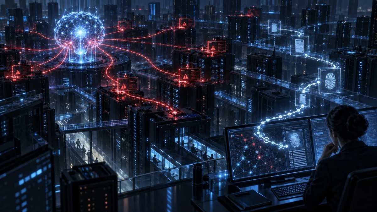 An AI-assisted espionage operation coordinates activity across a network of digital systems.