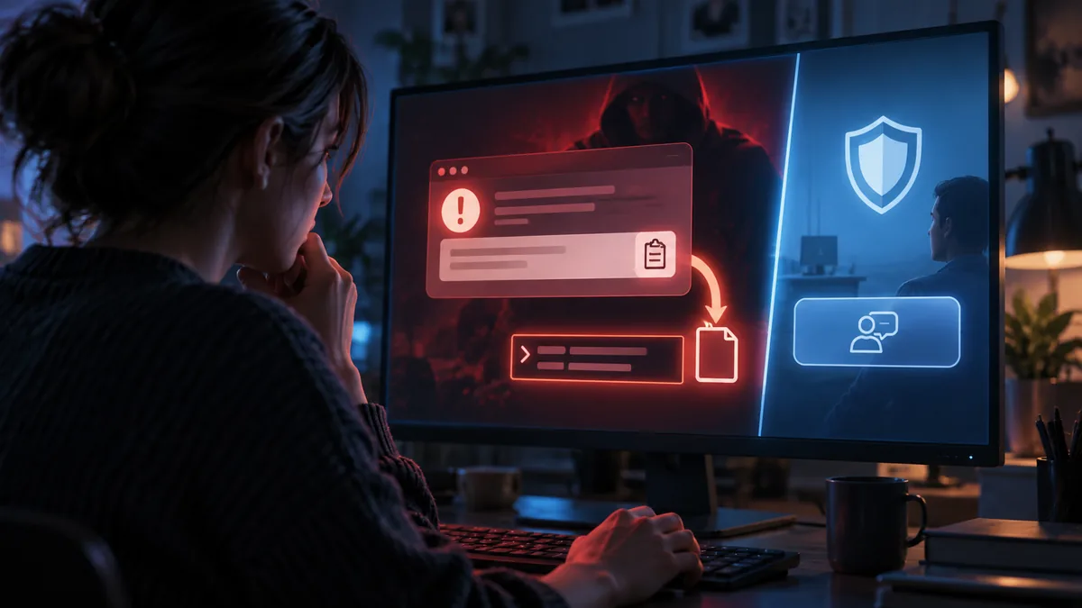 A deceptive computer error prompt attempts to lure a user into running a malicious command.
