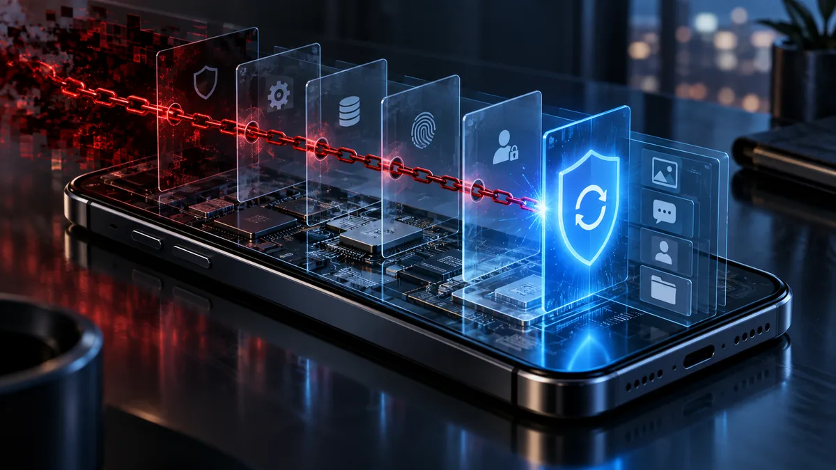 A smartphone is isolated behind a mobile security shield as a targeted exploit path is contained.