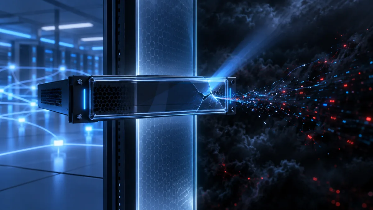 A network-edge appliance shows a breach path being traced and contained by defenders.