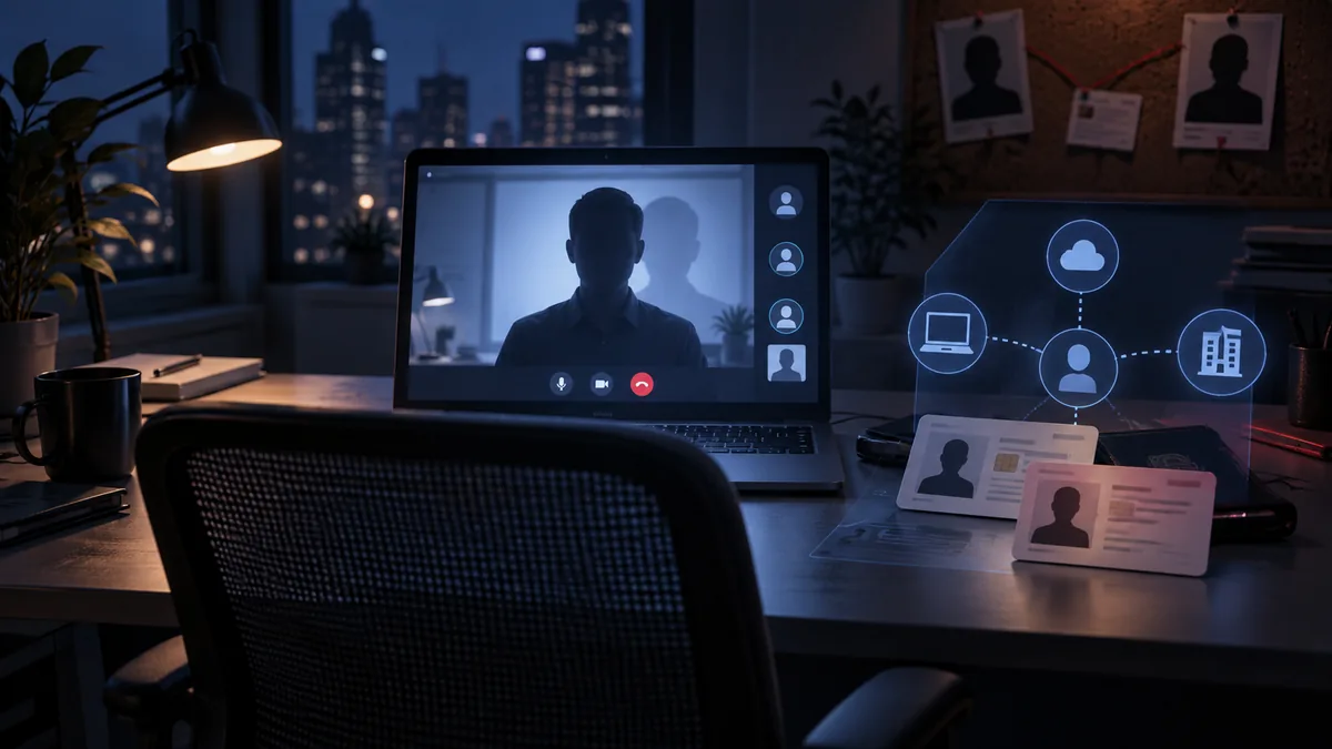 A remote worker identity is checked against independent hiring and access verification signals.