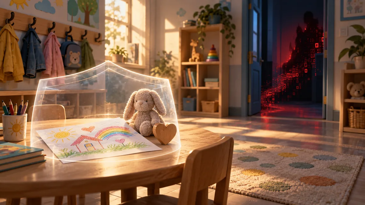 A nursery setting with a digital warning path approaching sensitive family records behind a privacy barrier.