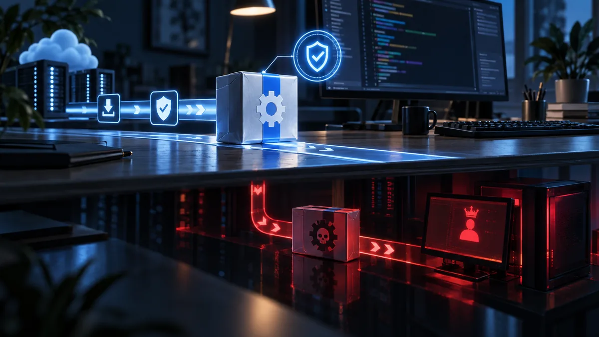 A trusted software update moves through a verification checkpoint before reaching user devices.