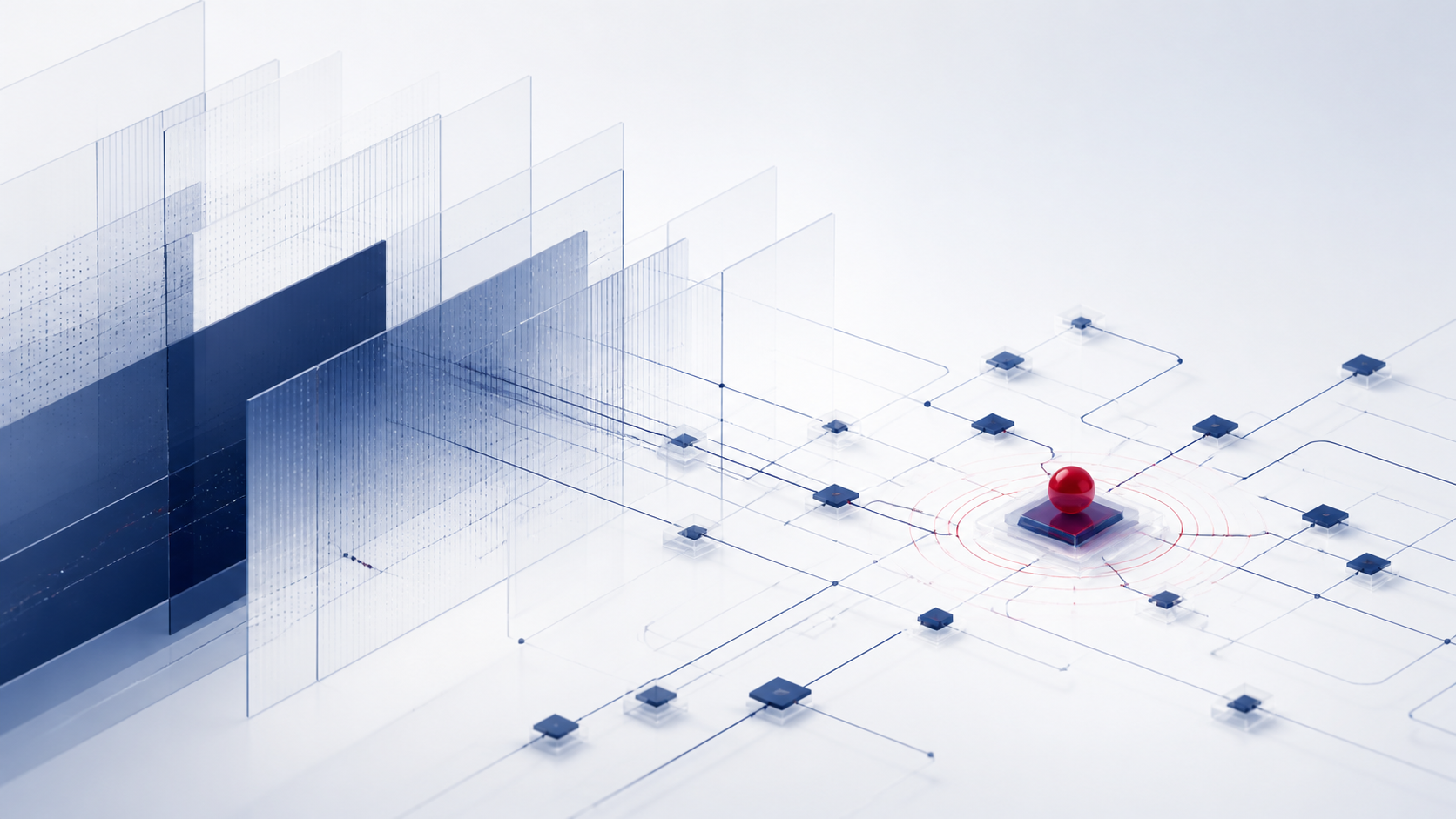 Abstract illustration of connected public-web evidence and a verified assurance marker.